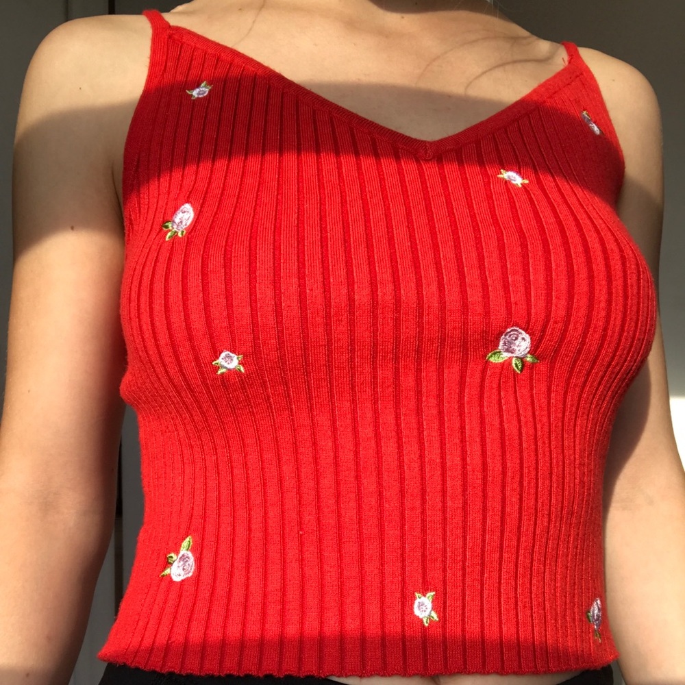 Red pacsun flower embroidered tank top